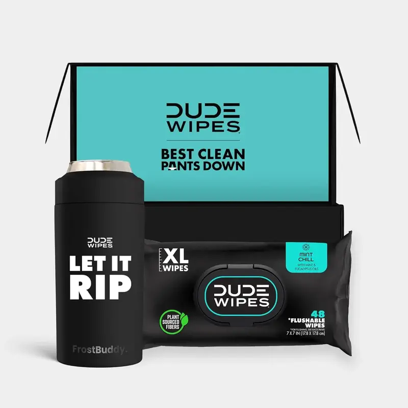 DUDE SUMMER KIT - DUDE Wipes + FrostBuddy Universal Can Cooler - 1 Pack, 48 Wipes - Mint Chill Extra-Large Flushable Wet Wipe...