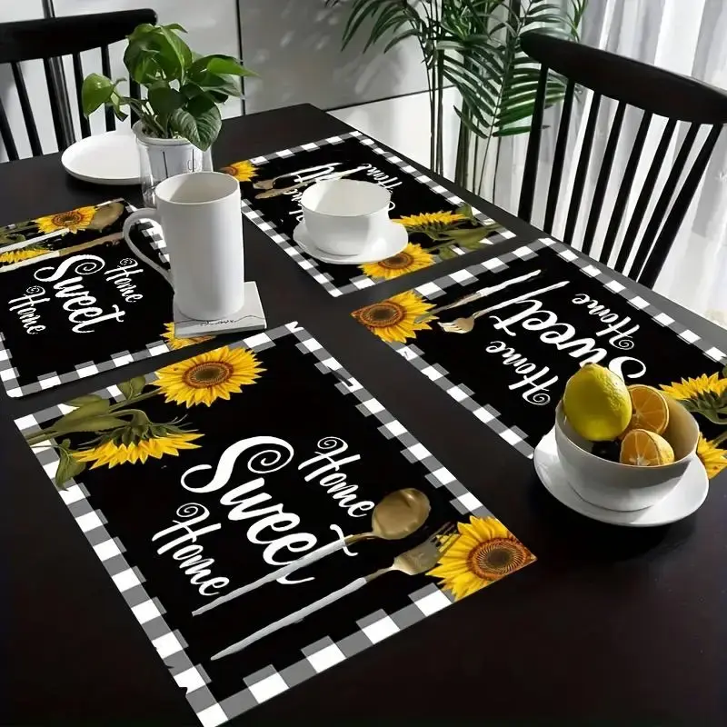 Sunflower & Letter Pattern Placemat, 1/4/6/8/12pcs Heat Resistant Table Mat, Decorative Placemat for Home Kitchen Dining Room...