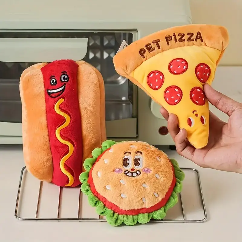 Pizza & Burger & Hot Dog Design Pet Plush Squeak Toy, Food Shaped Pet Chew Toy, Interactive Pet Teething Toy, Dog & Cat Acces...