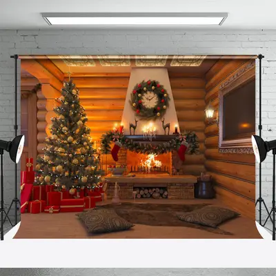Wooden House Fireplace Tree Gift Christmas Backdrop - Aperturee