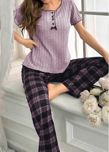 Modlily Light Purple Plaid Short Sleeve Lounge Top and Pants - S
