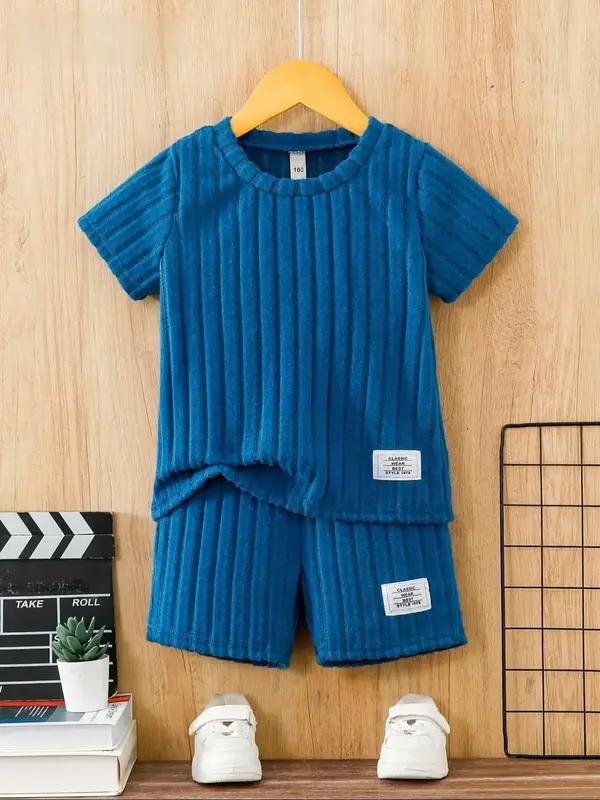 Two-Piece Set Toddler Boy's Solid Ribbed Short Sleeve Tee & Elastic Waist Shorts, Casual Round Neck T-shirt & Shorts for Summ...