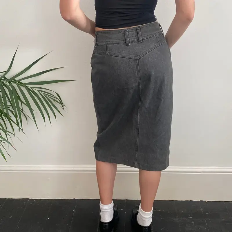 Blooming Midi Denim Skirt - 28W UK 8 Black Cotton