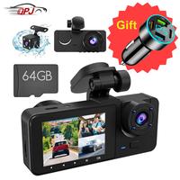 HD 3-lens driving recorder, with 64GB memory card, 170 degree wide angle with night vision