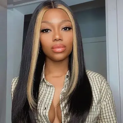 honey blonde Highlight Lace Front Wigs Skunk Stripe Straight Hair Ashimary