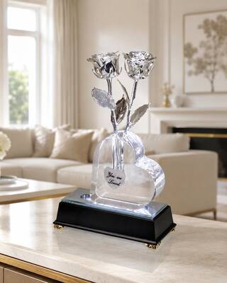 2 Illuminated 8 Platinum Roses in Personalized Heart Vase