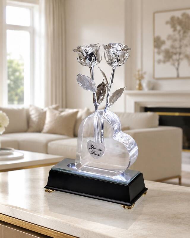 2 Illuminated 8 Platinum Roses in Personalized Heart Vase