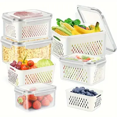 Food Storage Container Set, 3 Counts/set Including Drain Basket & Lid, Reusable Kitchen Organizer for Fruits, Vegetables, and...