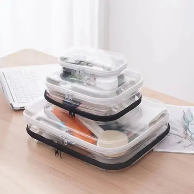 Clear Storage Box with Zipper, 1/2/3 Counts Multi-functional Storage Box, Travel Essentials, Suitable for Clothes, Cosmetics,...