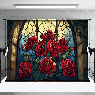 Retro Glass Windows Red Rose Valentines Day Backdrop - Aperturee