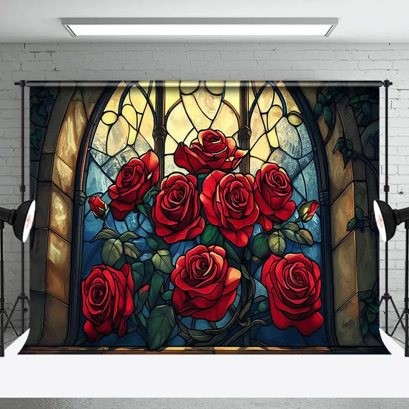 Retro Glass Windows Red Rose Valentines Day Backdrop - Aperturee