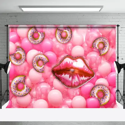 Pink Donut Lips Balloon Birthday Cake Smash Backdrop - Aperturee