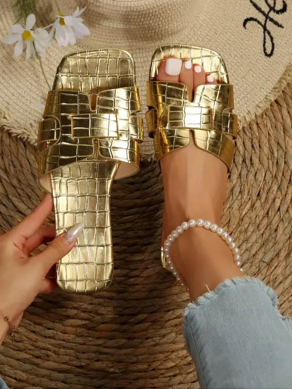 Women's Fashionable Crocodile Embossed Slip on Sandals, 1 Pair Casual Solid Color Square Toe Flat Sandals for Summer, Lightwe...