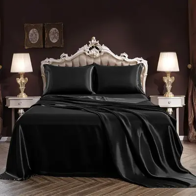 Solid Color Satin Bed Sheet & Pillowcase Set, 4 Counts/set Luxury Soft Bedding Set, Including 1 Count Bed Sheet & 1 Count Fit...