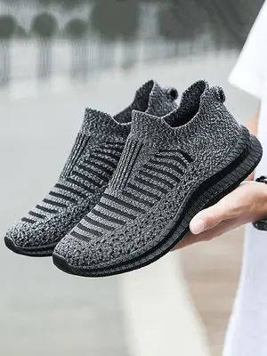 Men's Sporty Striped Pattern Low Top Slip on Sneakers, 1 Pair Casual Comfortable Breathable Running Shoes, Trendy Mesh Sneake...