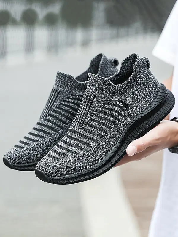 Men's Sporty Striped Pattern Low Top Slip on Sneakers, 1 Pair Casual Comfortable Breathable Running Shoes, Trendy Mesh Sneake...