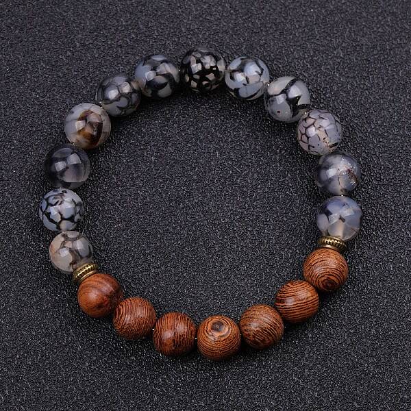 Dyed Natural Crackle Agate & Wood Round Beaded Stretch Bracelets