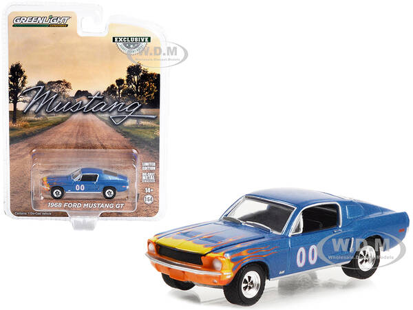 1968 Ford Mustang GT Fastback 00 Blue Metallic with Flames Graphics \