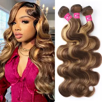 P4/27 Honey Blonde Highlight Body Wave Bundles FB 30 Brown Colored Body Wave Human Hair Weave Bundles Quick Weave Extensions ...