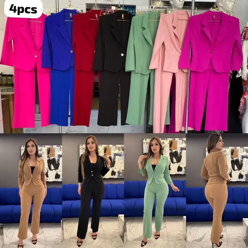 Set of 2 Pieces Women's Elegant 4pcs Fashionable Blazer and Pants in Various Colors Including Pink, Blue, Black, Green, and B...