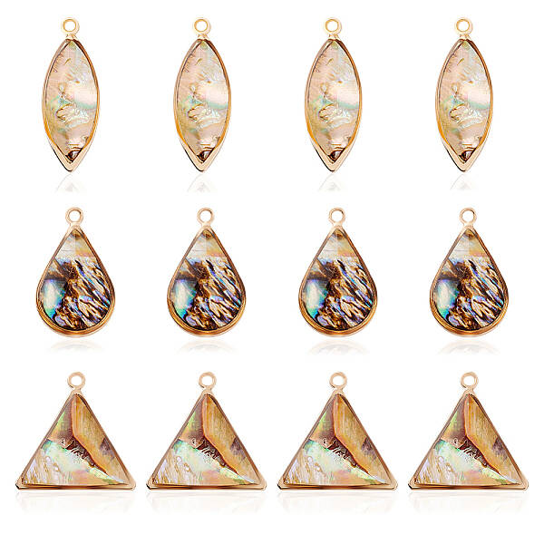12Pcs 3 Styles Brass Pave Paua Shell Pendants