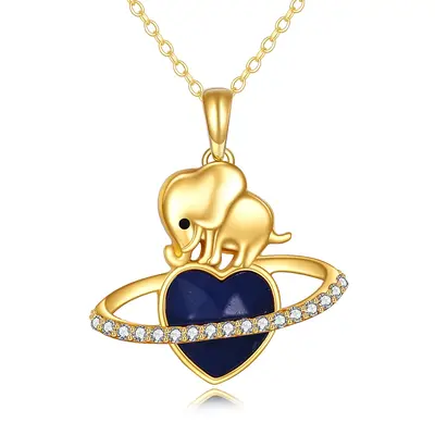 Gold Vermeil Personalized Birthstone Elephant & Heart Planet Necklace for Women