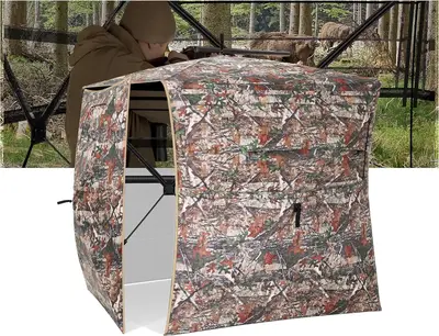 Hunting Blind 270° See Through Ground Blind, 2-3 Person Pop-up Portable Deer Blind with Carring Bag，D Shaped and Full Open...