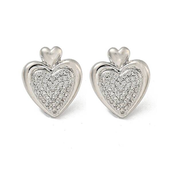 Heart Brass Pave Clear Cubic Zirconia Stud Earrings for Women