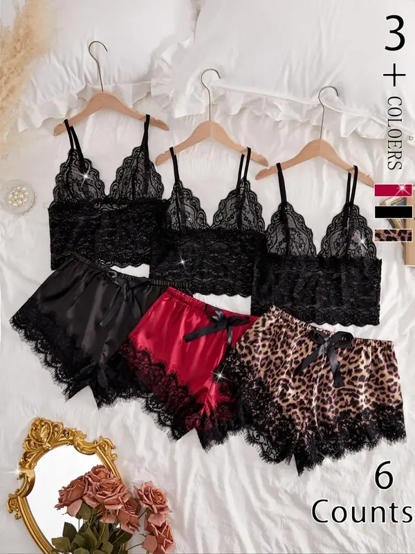 Women's Solid Sheer Lace Cami Top & Elastic Waist Bow Front Shorts Pyjama Set, Elegant Backless Camisole & Shorts Pj Set, Wom...