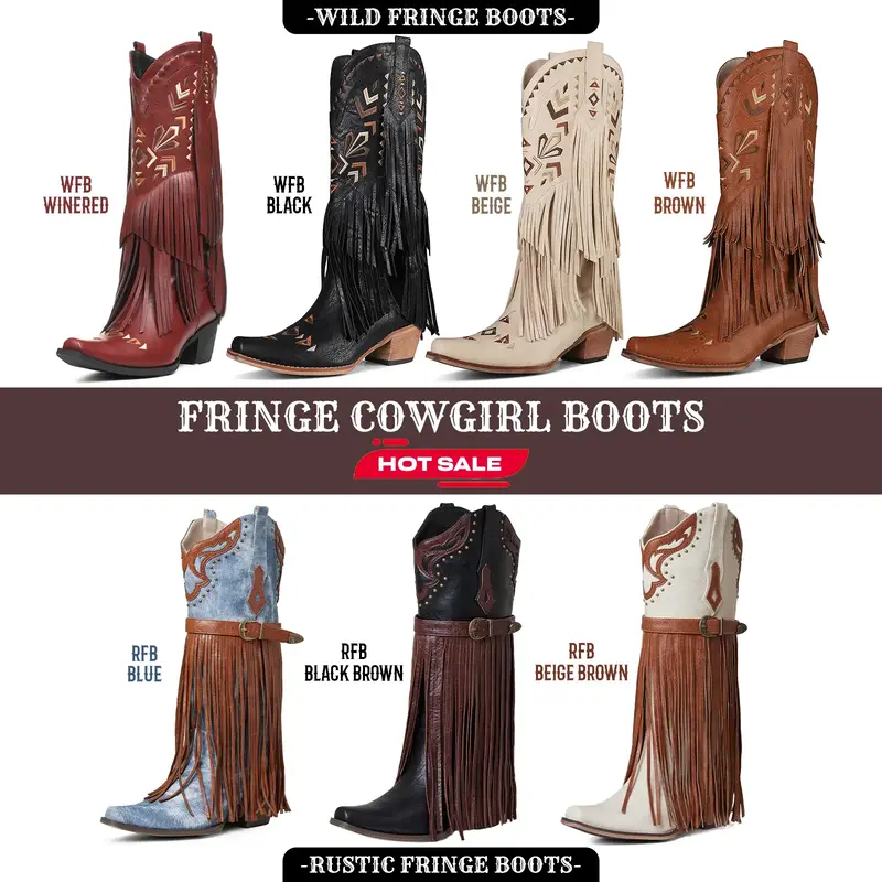 CELNEPHO Fringe Cowboy Boots for Women Tassel Western Embroidered Pointed Toe Chunky Block Heel Pull on Knee High Cowgirl Boo...