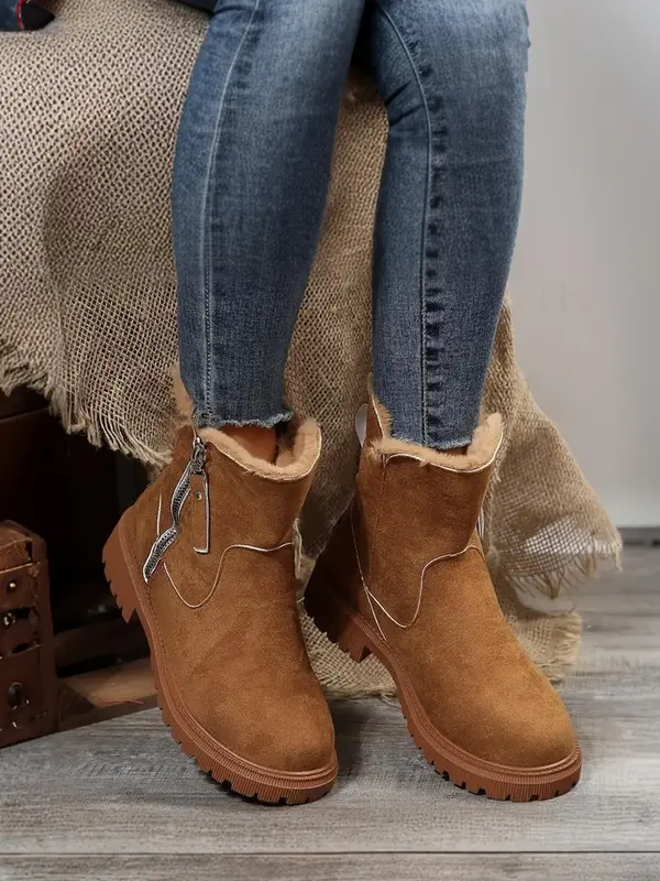 【Size Runs Small, Size up1-1.5 size】Women's Fashionable Patched Design Zipper Boots, Casual Warm Snow Boots for Winter, F...