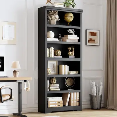 Garvee 6 Tier Bookshelf, 75 Tall Farmhouse Bookcase with Adjustable Shelves, 31.5 W Floor Standing Open Display Storage Rac...