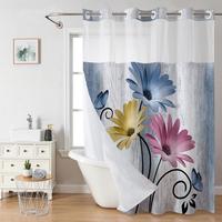 No hooks double-layer shower curtain, Daisy printed waterproof fabric, retro country style home decoration, hotel, dormitory ...