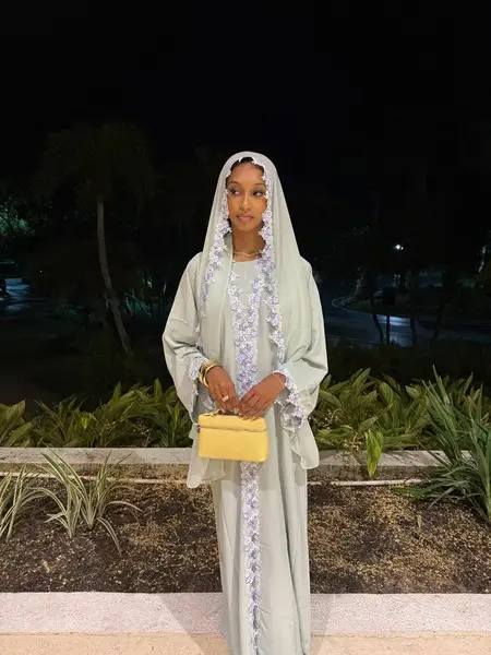 Sage Green Yasmin Abaya Set with Floral Accents Soft Elegant 4-Piece Ensemble Including Hijab Belt & Underdress for Modest Fa...