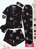 Women's All Over Print Top & Shorts & Pants & Accessories Pyjama Set, Casual Comfy Pj Set, Ladies Sleepwear for All Seasons, ...