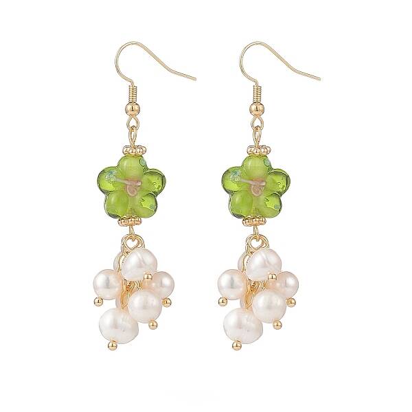 Lampwork Flower with Natural Pearl Dangle Earrings