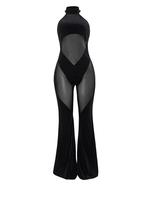 Women's Sheer Flare Leg Halter Neck Tulle Jumpsuit, Solid Elegance Sleeveless Drop Waist Jumpsuit For Summer, Skinny Fashio...