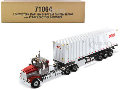 Western Star 4900 SF Tandem Day Cab Truck Tractor Red and Gray with 40 Dry Goods Sea Container \