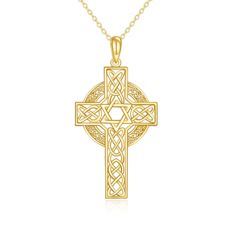 14K Yellow Gold Celtic Knot Cross With Star Of David Christian Jewish Necklace For Women