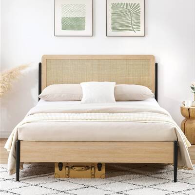 Garvee Boho Queen Size Bed Frame with Natural Rattan Headboard & Solid Wood Footboard - Under Bed Storage Space, Quiet Noise-...