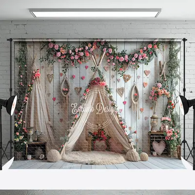 Wooden Wall Pink Floral Boho Tent Wedding Backdrop