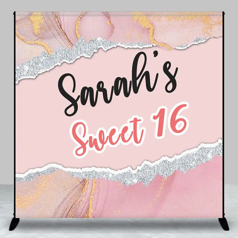 Pink Silver Marbled Custom 16th Birthday Backdrop - Aperturee