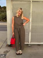 Two-piece Set Women's Gingham Print Sleeveless Tank Top & Wide Leg Pants, Casual Fashion Cozy Outfits for Daily Outdoor Wear,...
