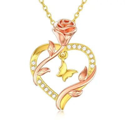 14K Gold Rose Gold Butterfly & Rose Necklace For Women