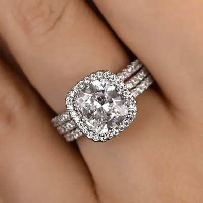 Effinny 3.0ct Stunning Halo 3PCS Cushion Cut Wedding Ring Set ,5A Grade Cubic Zirconia Bridal Set in 925 Sterling Silver Prom...