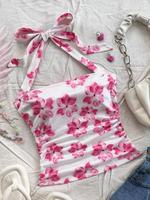 Women's Floral Print Halter Neck Top, Casual Sleeveless Top for Summer, Ladies Boho Chic Sleeveless Clothes for Daily Wear, H...