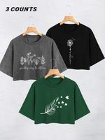 Women's Round Neck Graphic Crop Tee, Fashion Casual Drop Shoulder Short Sleeve Cropped T-shirt, Ladies Summer Clothes for Dai...
