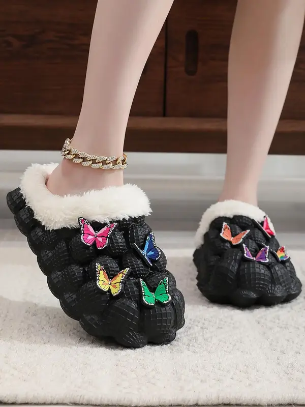 Women's New Cute Y2k DIY Colorful Butterfly Design Anti-slip Winter Slipper Shoes, Warm Comfortable Bedroom house Slippers fo...