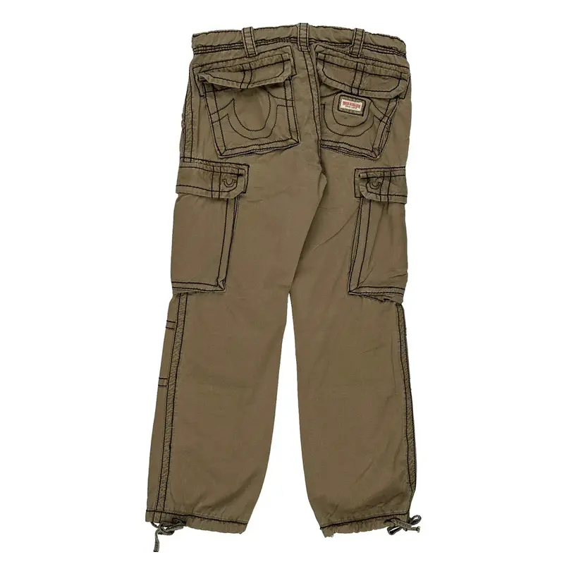 True Religion Contrast Stitch Cargo Trousers - 32W 29L Khaki Cotton Blend
