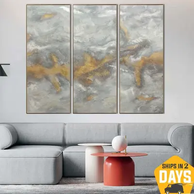 Extra Large White Paintings On Canvas Triptych Paintings Modern Gold Leaf Art Original Textured Painting | GOLDEN FOG 3P 80&q...